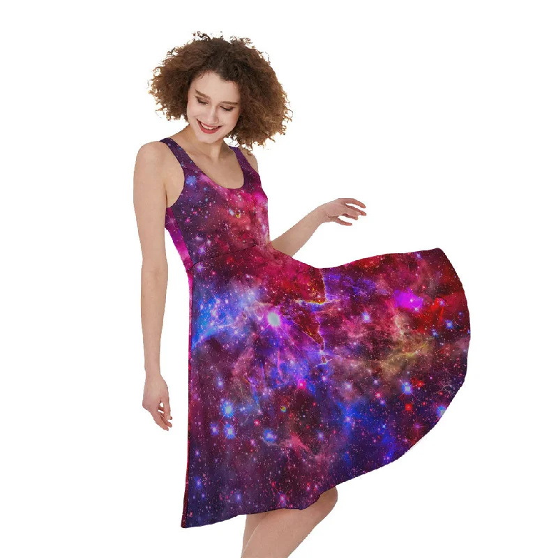 Red Purple Nebula Galaxy Space Print Sleeveless Knee Length Dress Tunics Luxurious high-end