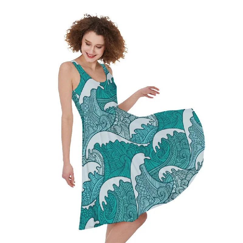 Surfing Wave Pattern Print Sleeveless Knee Length Dress Tunics Stylish elegant