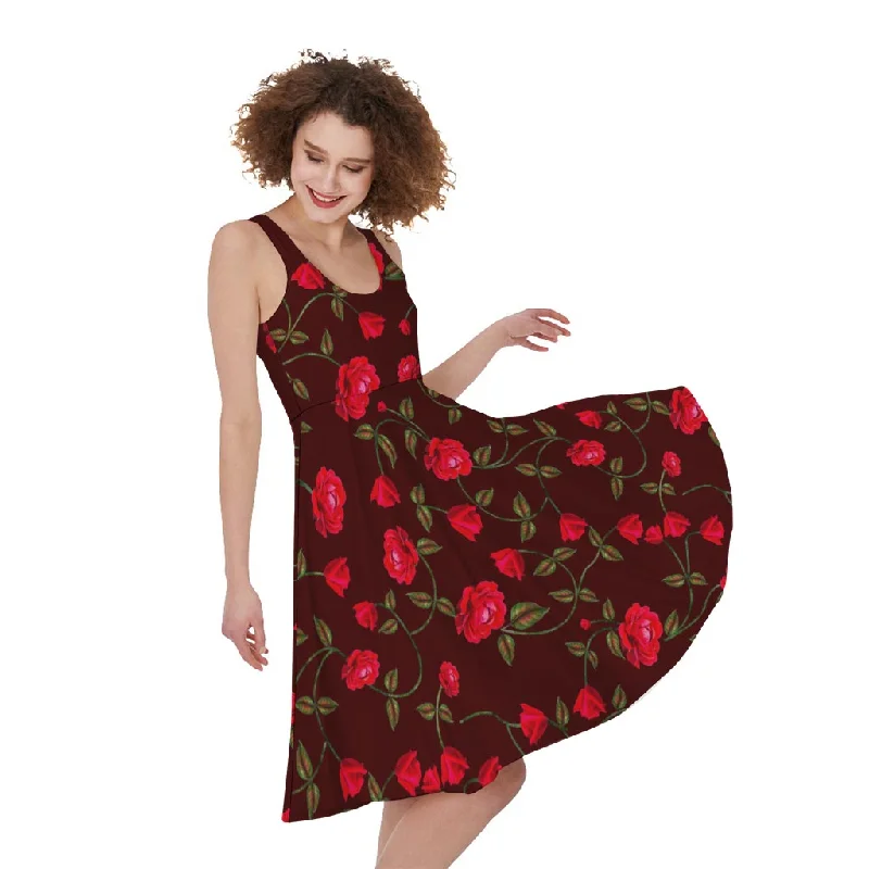 Red Rose Floral Flower Pattern Print Sleeveless Knee Length Dress Tunics Stylish elegant