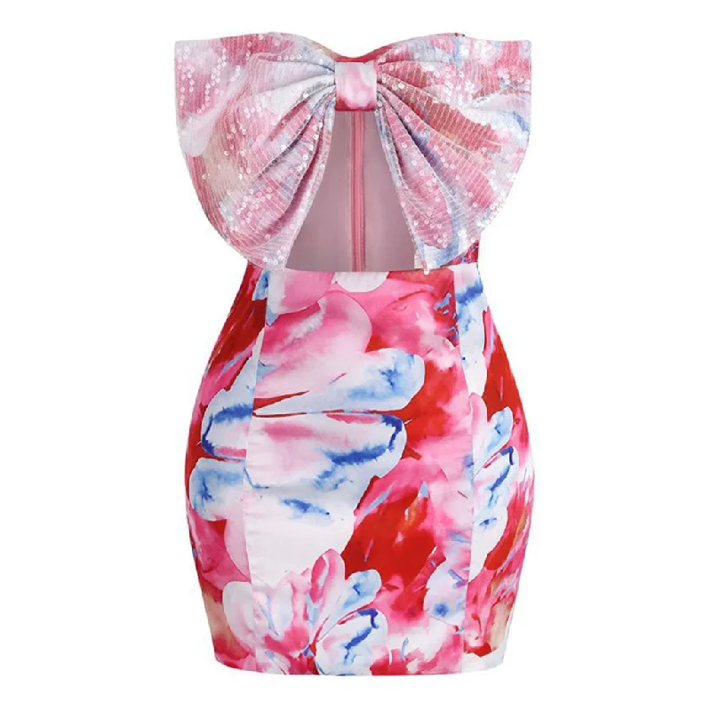 Fancy Sequin Big Bow Cutout Strapless Floral Printed Bodycon Mini Party Dress Tunics Practical durable