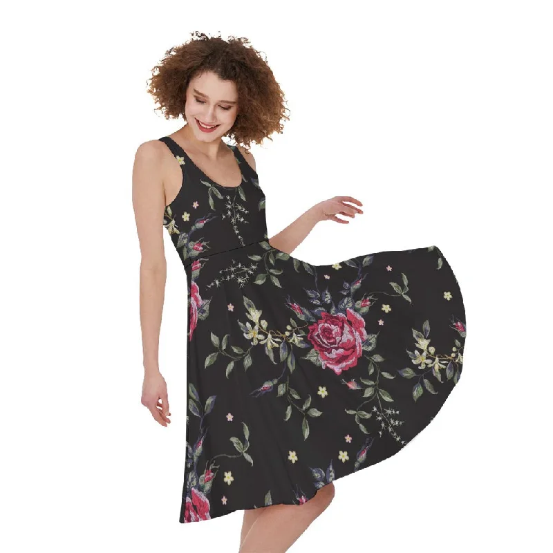Red Rose Floral Pattern Print Sleeveless Knee Length Dress Tunics Versatile all-occasion