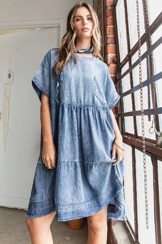 Mittoshop Oversized Tiered Mini Dress in Denim Classic Casual Mini Dress