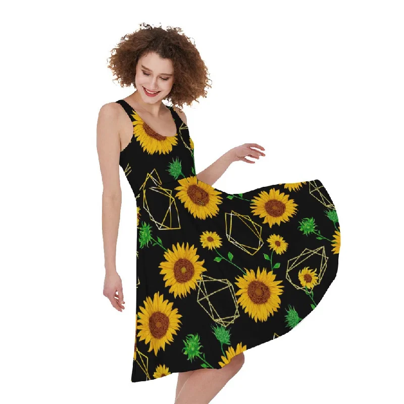 Sunflower Polygonal Pattern Print Sleeveless Knee Length Dress Tunics Chic elegant