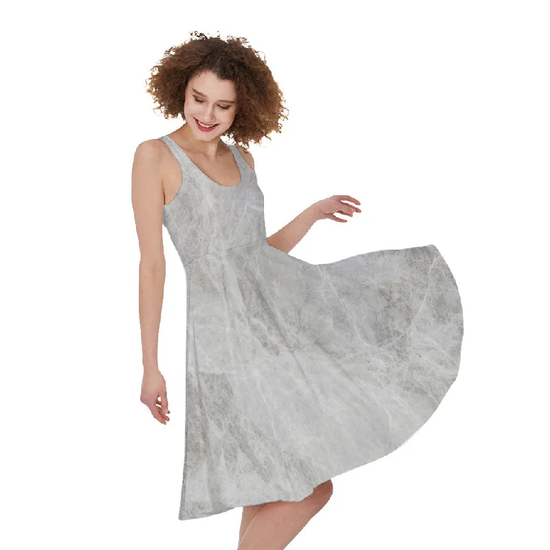 Silver Grey Marble Print Sleeveless Knee Length Dress Tunics Plaid country