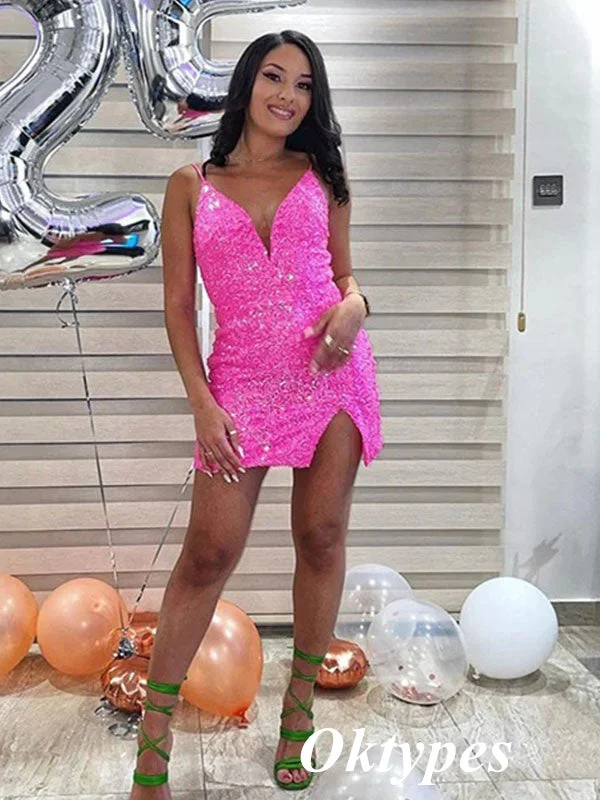 Sexy Pink Sequin Spaghetti Straps Sheath Mini Dresses/ Homecoming Dresses With Split,PDS0524 Stylish Sweetheart Neck Mini Dress Sexy Pink Sequin Spaghetti Straps Sheath Mini Dresses/ Homecoming Dresses With Split,PDS0524 Stylish Sweetheart Neck Mini Dress