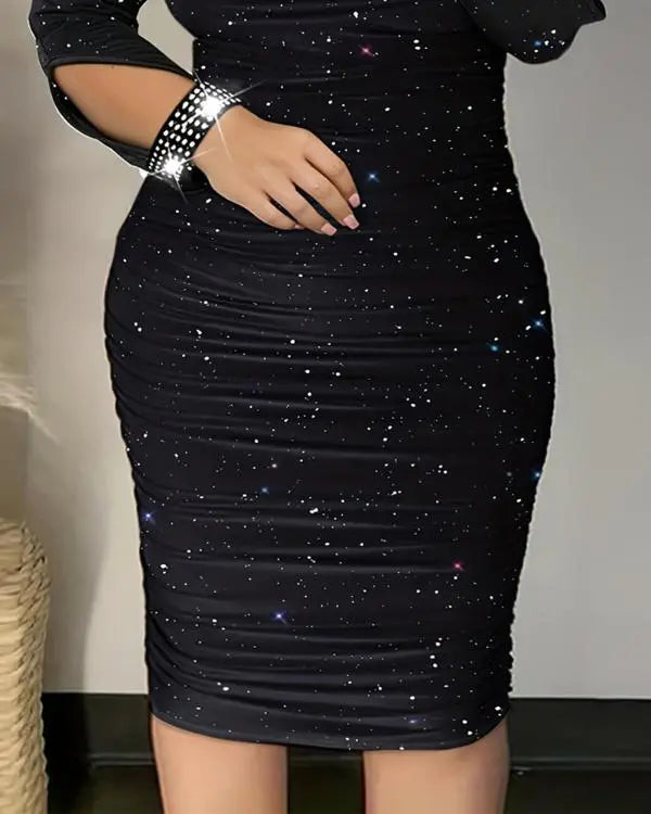 Plus Size Rhinestone Cold Shoulder Party Dress Tunics Party sparkling