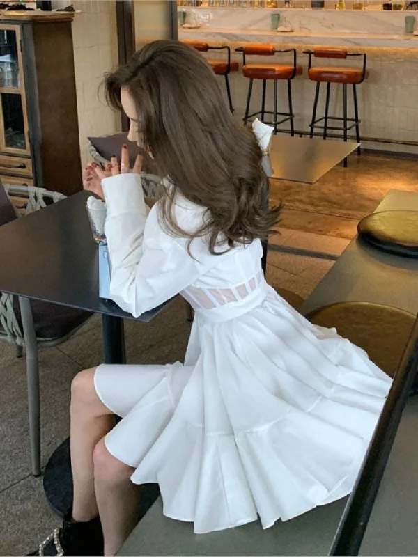 Elegant Hollow-out White Dresses For Women Spring New Long Sleeve Pleated Mini Dress French Style Shirt Vestidos Fashionable Denim Mini Dress Elegant Hollow-out White Dresses For Women Spring New Long Sleeve Pleated Mini Dress French Style Shirt Vestidos Fashionable Denim Mini Dress