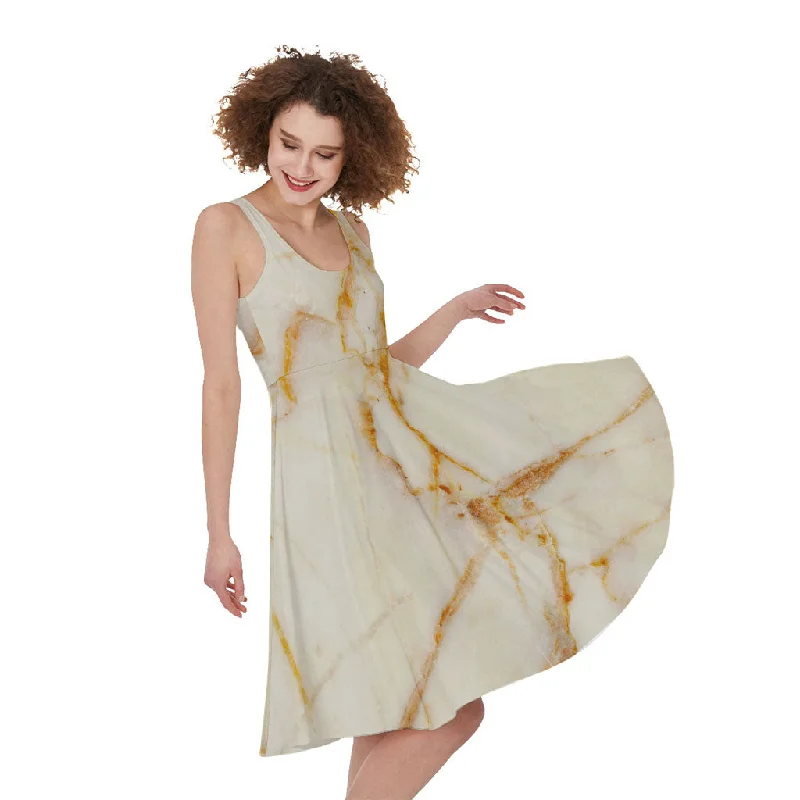 Sugar Brown Marble Print Sleeveless Knee Length Dress A-Line Day Work
