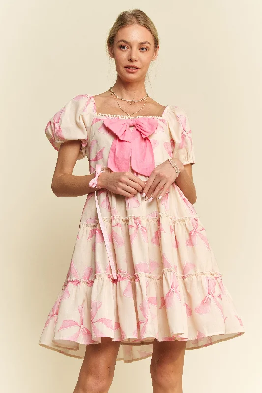 Davi & Dani Bow Print Tiered Mini Dress in Pink Classic White Mini Dress