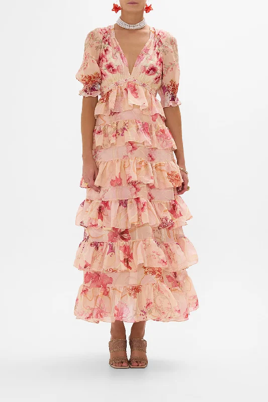 PUFF SLEEVE TIERED SKIRT LONG DRESS BLOSSOMS AND BRUSHSTROKES Tunics Fall fleece