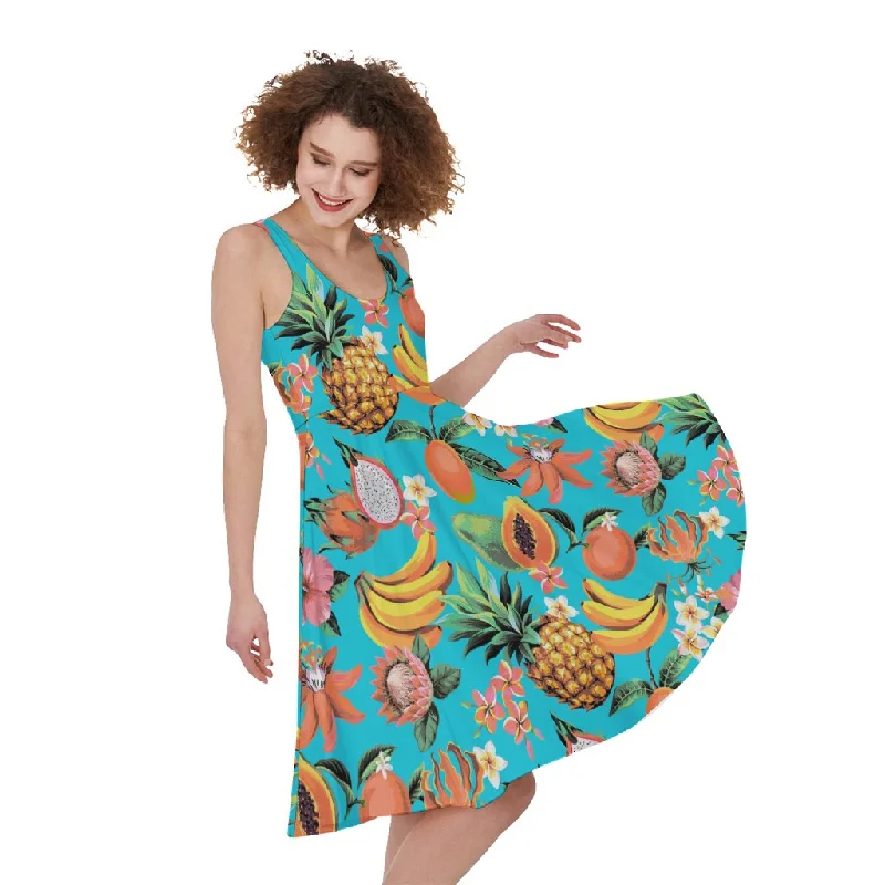 Vintage Tropical Fruits Pattern Print Sleeveless Knee Length Dress Tunics Bridal satin Vintage Tropical Fruits Pattern Print Sleeveless Knee Length Dress Tunics Bridal satin