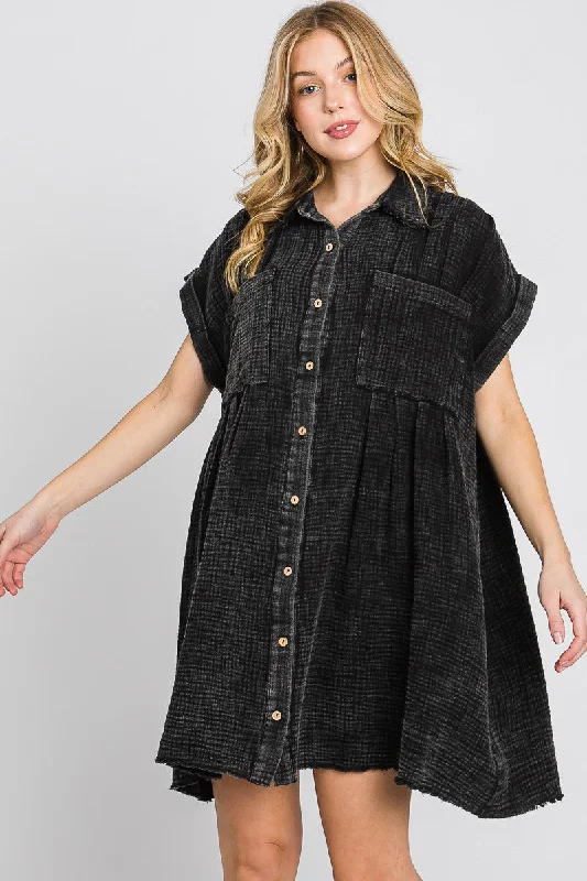 Sewn+Seen Cotton Gauze Mini Dress in Black Classic Shift Mini Dress