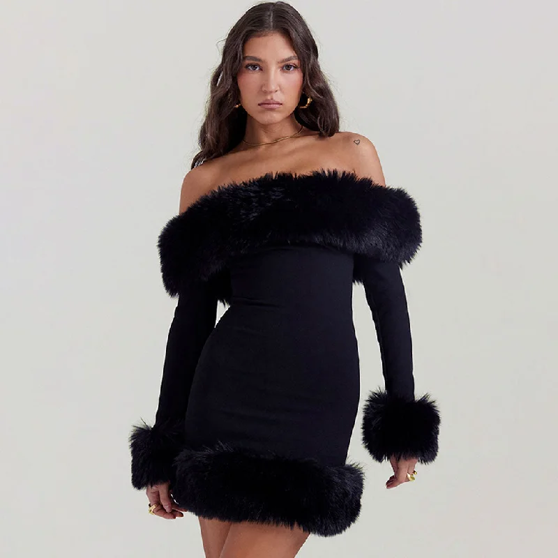 Opulent Faux Fur Trim Off The Shoulder Long Sleeve Mini Bodycon Party Dress Tunics New arrival Opulent Faux Fur Trim Off The Shoulder Long Sleeve Mini Bodycon Party Dress Tunics New arrival