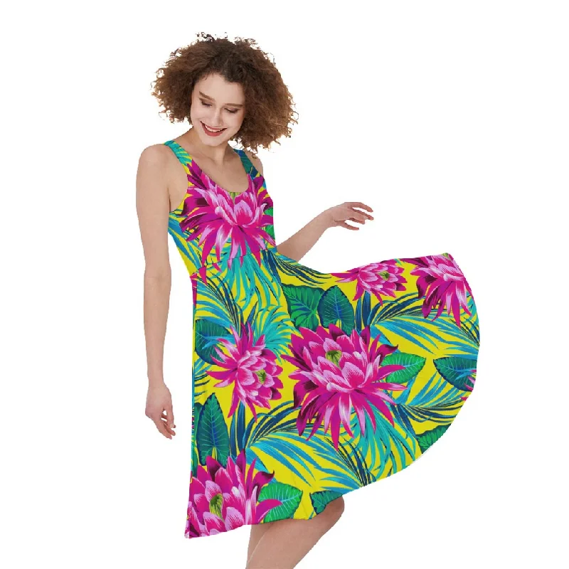 Tropical Lotus Pattern Print Sleeveless Knee Length Dress Tunics Timeless classic