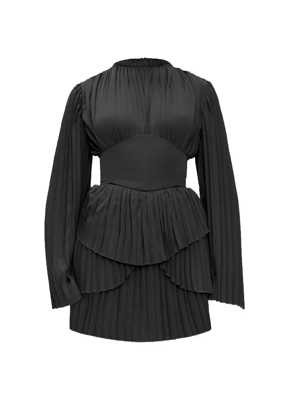 LENTI PLEATED MINI DRESS - BLACK Elegant Floral-Print Mini Dress