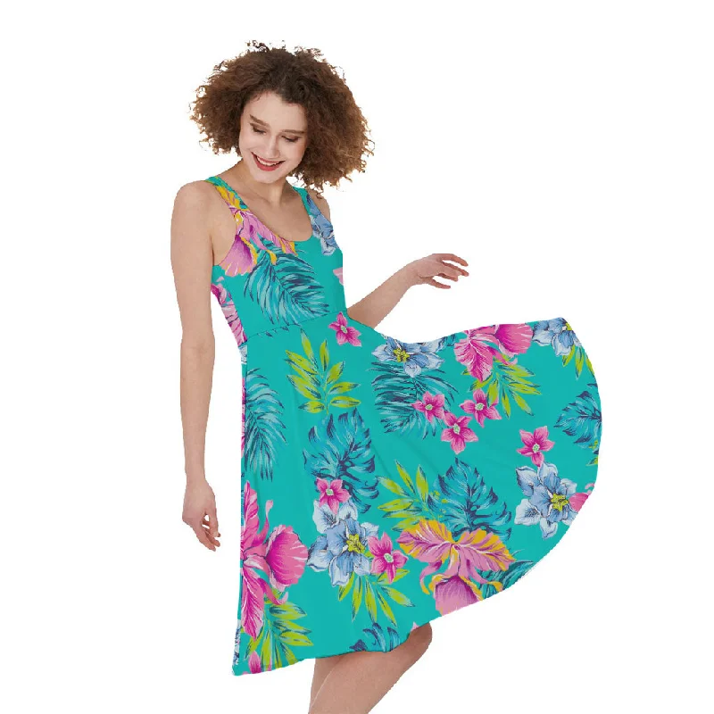 Teal Aloha Tropical Pattern Print Sleeveless Knee Length Dress Tunics Timeless classic Teal Aloha Tropical Pattern Print Sleeveless Knee Length Dress Tunics Timeless classic