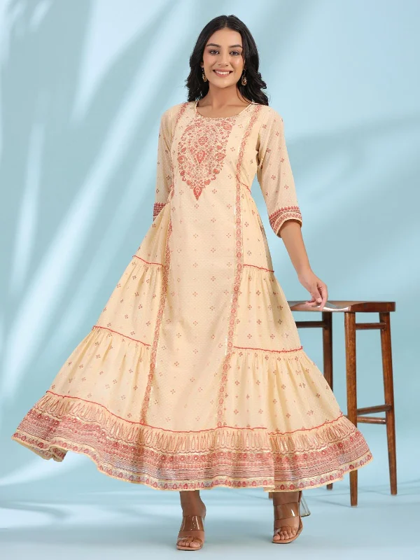 Women Festive Ivory Ethnic Motif Printed Tiered Dress With Sequins & Beadwork Tunics Bridal satin Women Festive Ivory Ethnic Motif Printed Tiered Dress With Sequins & Beadwork Tunics Bridal satin
