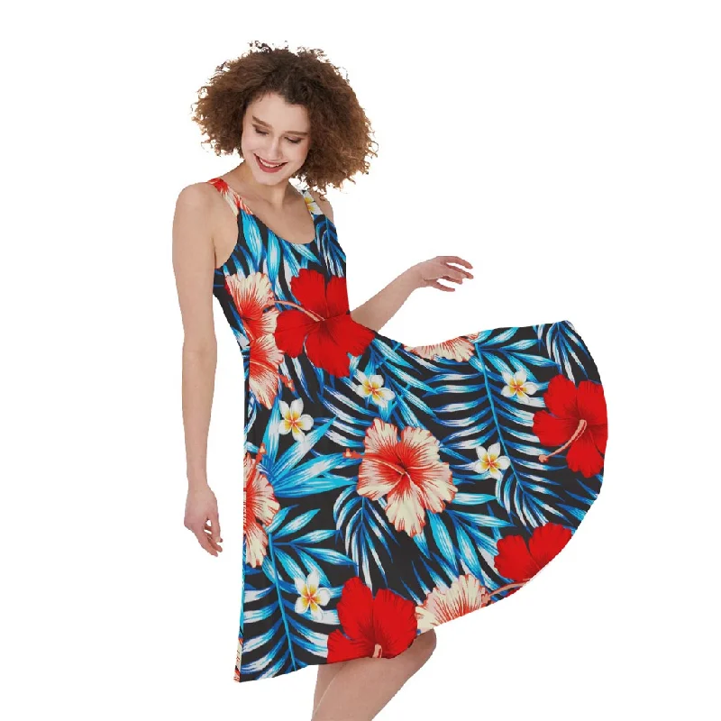 Turquoise Leaves Hibiscus Pattern Print Sleeveless Knee Length Dress Tunics Leisure comfortable Turquoise Leaves Hibiscus Pattern Print Sleeveless Knee Length Dress Tunics Leisure comfortable