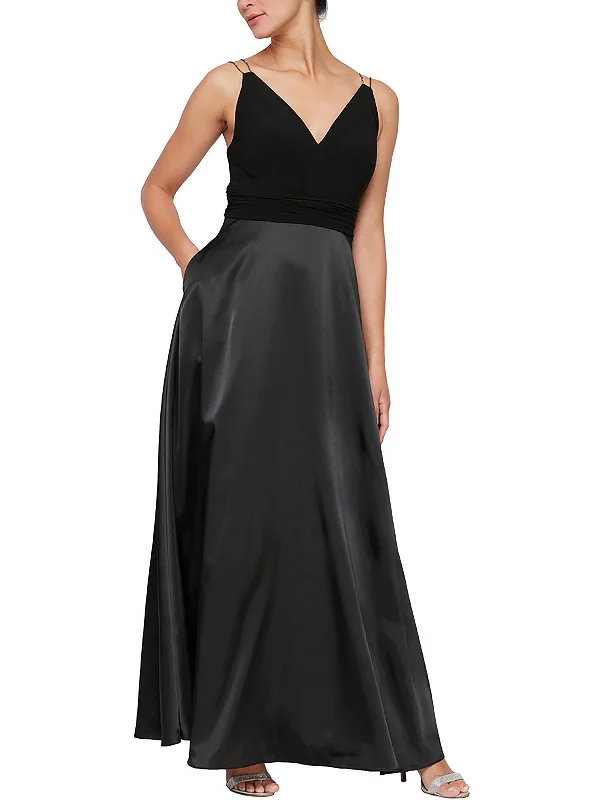 Womens Satin Jeweled Straps Evening Dress Tunics Satin smooth