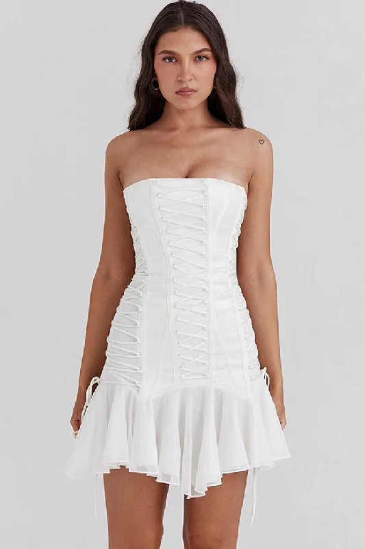 French Style Strapless Lace Up Hanky Mermaid Ruffle Tulle Party Mini Dress Casual V-Neck Mini Dress French Style Strapless Lace Up Hanky Mermaid Ruffle Tulle Party Mini Dress Casual V-Neck Mini Dress