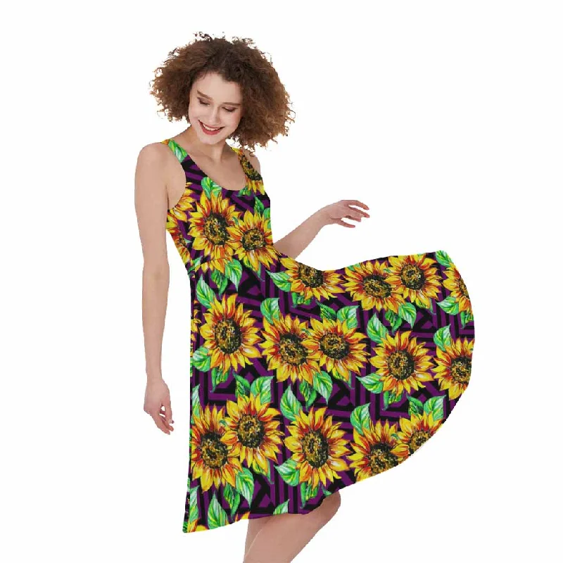 Purple Trippy Sunflower Pattern Print Sleeveless Knee Length Dress Tunics Bridal satin Purple Trippy Sunflower Pattern Print Sleeveless Knee Length Dress Tunics Bridal satin