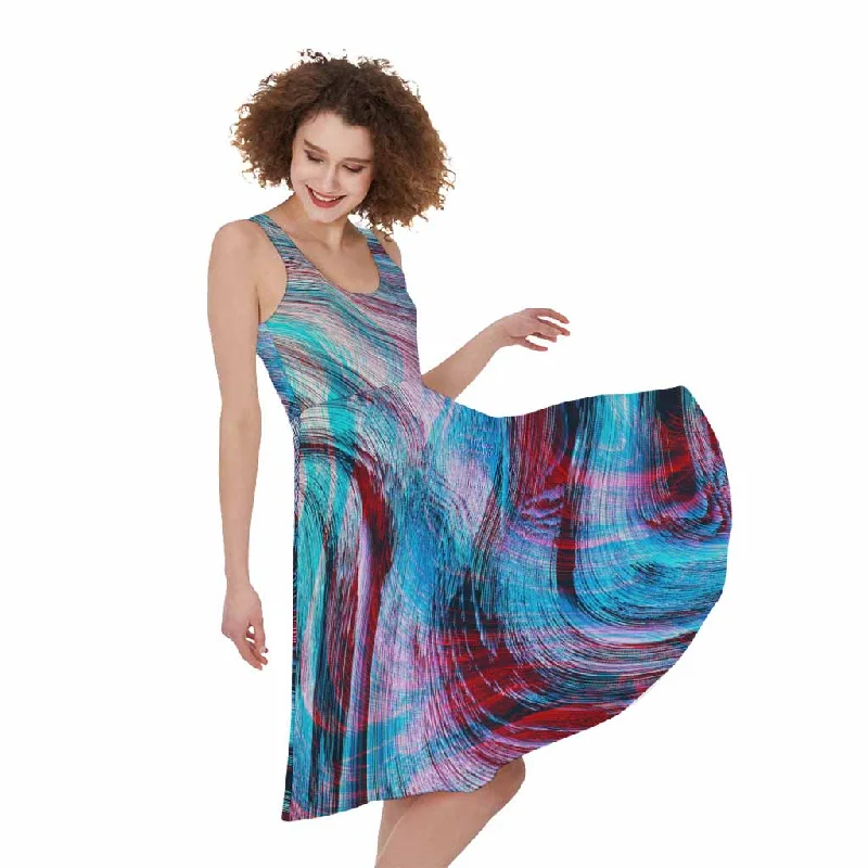 Smoke Psychedelic Trippy Print Sleeveless Knee Length Dress Tunics Solid Classic