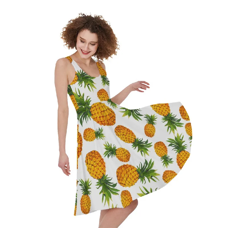 Summer Pineapple Pattern Print Sleeveless Knee Length Dress Casual Short Summer