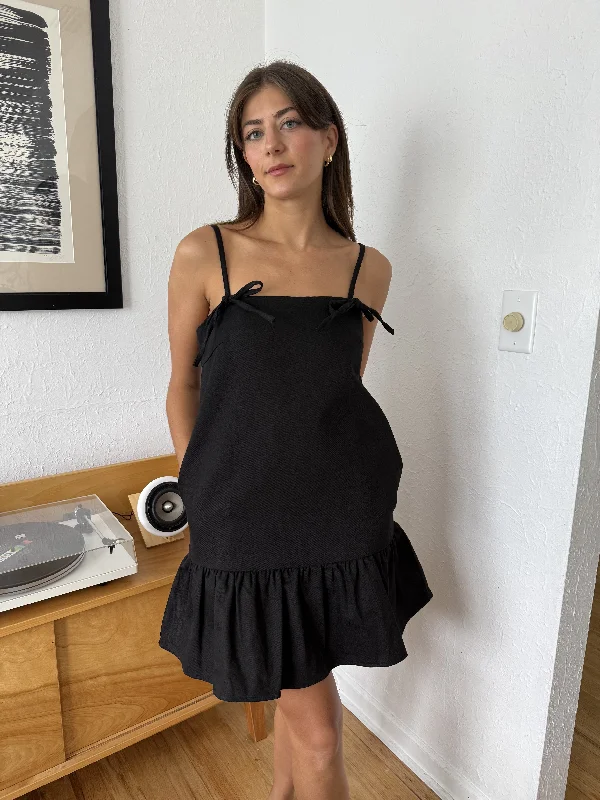 Aureum Kimberly Denim Tie Strap Mini Dress (Black) Cozy Cowl Neck Mini Dress