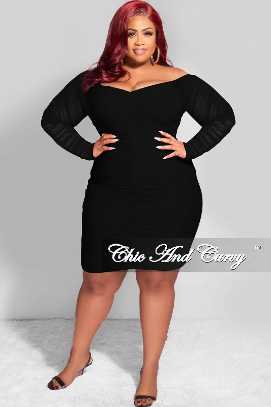 Final Sale Plus Size Ruched Off The Shoulder Mini Dress in Black Mesh Trendy Cut-Out Mini Dress Final Sale Plus Size Ruched Off The Shoulder Mini Dress in Black Mesh Trendy Cut-Out Mini Dress