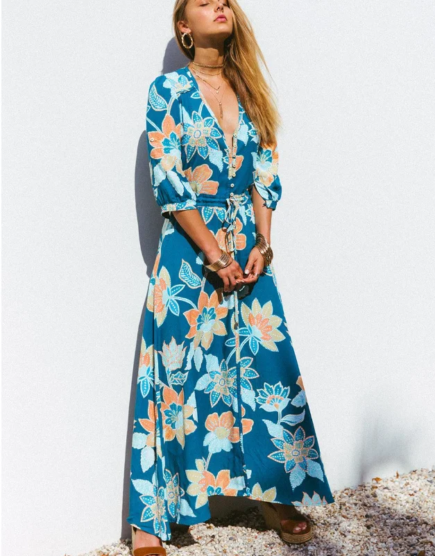 Women Floral Print Boho Long Chiffon Dress Wrap Casual V-Neck Split Sexy Party Dress Tunics Velvet soft