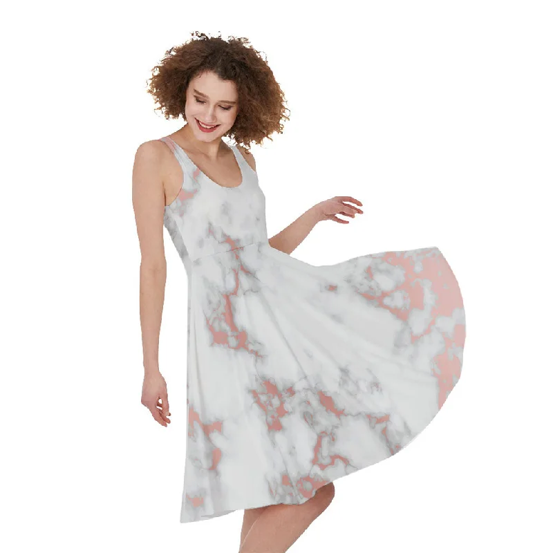 White Rose Gold Marble Print Sleeveless Knee Length Dress Tunics New arrival