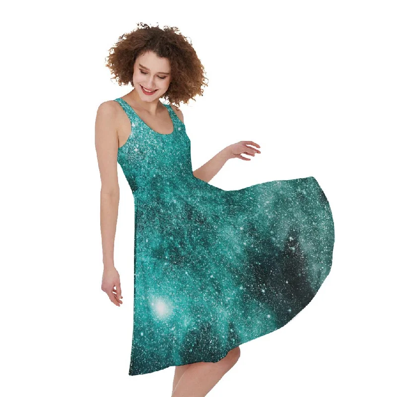 Teal Stardust Galaxy Space Print Sleeveless Knee Length Dress Tunics Prom sequined