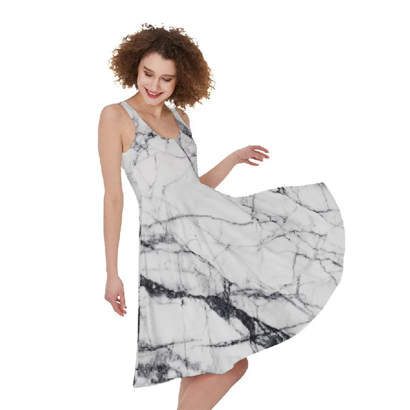White Gray Scratch Marble Print Sleeveless Knee Length Dress Tunics Practical durable White Gray Scratch Marble Print Sleeveless Knee Length Dress Tunics Practical durable