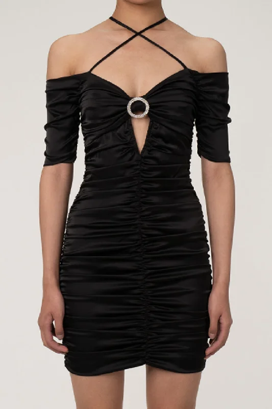 Silky Satin Crossover Neck Crystal Cutout Ruched Bodycon Mini Party Dress Tunics Floral girly
