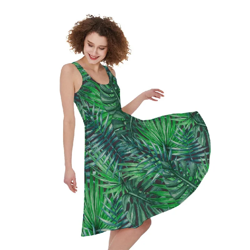 Watercolor Tropical Leaves Pattern Print Sleeveless Knee Length Dress Tunics Velvet soft Watercolor Tropical Leaves Pattern Print Sleeveless Knee Length Dress Tunics Velvet soft