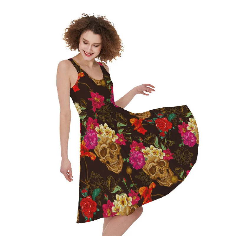 Vintage Flowers Skull Pattern Print Sleeveless Knee Length Dress Tunics Versatile functional Vintage Flowers Skull Pattern Print Sleeveless Knee Length Dress Tunics Versatile functional