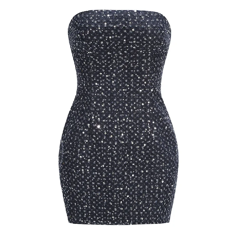 Sparkly Sequin Embellished Bodycon Ripped Denim Tube Mini Party Dress Tunics Office stylish