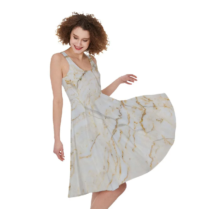 White Brown Grunge Marble Print Sleeveless Knee Length Dress Boat Neckline Classic
