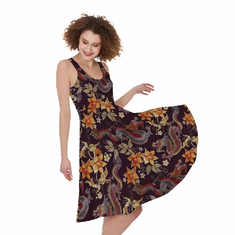 Vintage Dragon Flower Pattern Print Sleeveless Knee Length Dress Tunics Luxurious high-end Vintage Dragon Flower Pattern Print Sleeveless Knee Length Dress Tunics Luxurious high-end