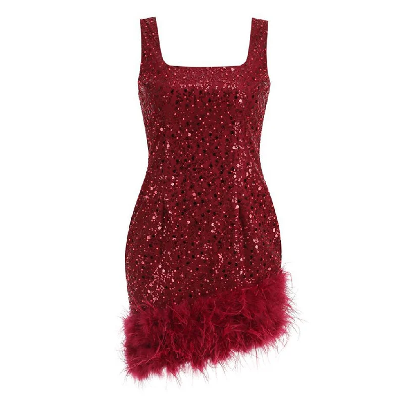 Opulent Feather Trim Faux Pearl Beaded Sequin Square Neck Mini Tank Party Dress Tunics stripes playful