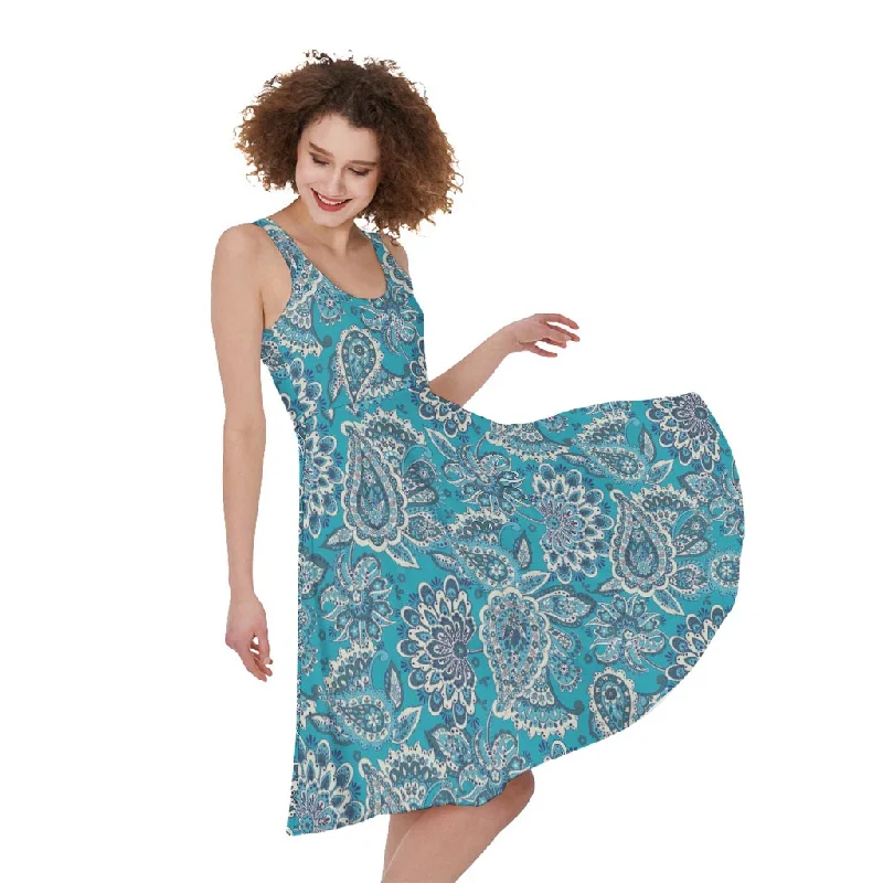 Turquoise Floral Bohemian Pattern Print Sleeveless Knee Length Dress Tunics Prom sequined