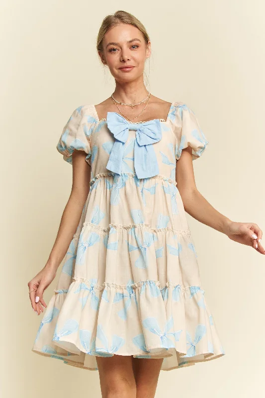 Davi & Dani Bow Print Tiered Mini Dress in Blue Stylish Short-Sleeve Mini Dress
