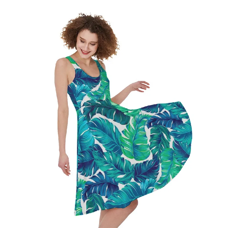 Teal Tropical Leaf Pattern Print Sleeveless Knee Length Dress Tunics Leisure comfortable Teal Tropical Leaf Pattern Print Sleeveless Knee Length Dress Tunics Leisure comfortable