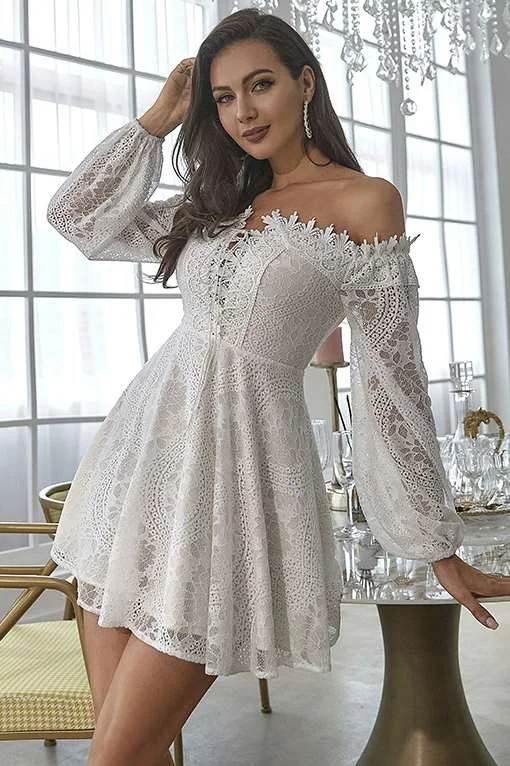 Off-White Lace Off-the-Shoulder Long Sleeve A-Line Party Dress Tunics Lace romantic