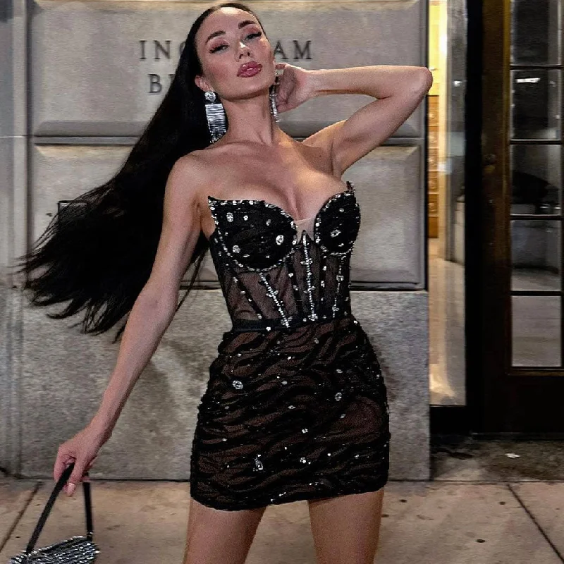 Sparkly Crystal and Sequin Sheer Mesh Corset Ruched Strapless Mini Party Dress Halter Neckline Beach Sparkly Crystal and Sequin Sheer Mesh Corset Ruched Strapless Mini Party Dress Halter Neckline Beach