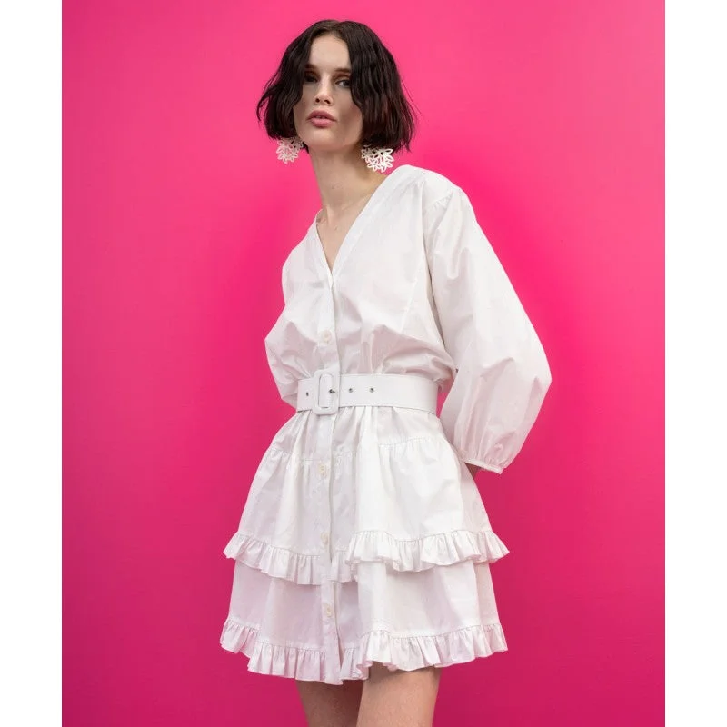 Access White Mini Dress With Ruffles Cozy Cowl Neck Mini Dress