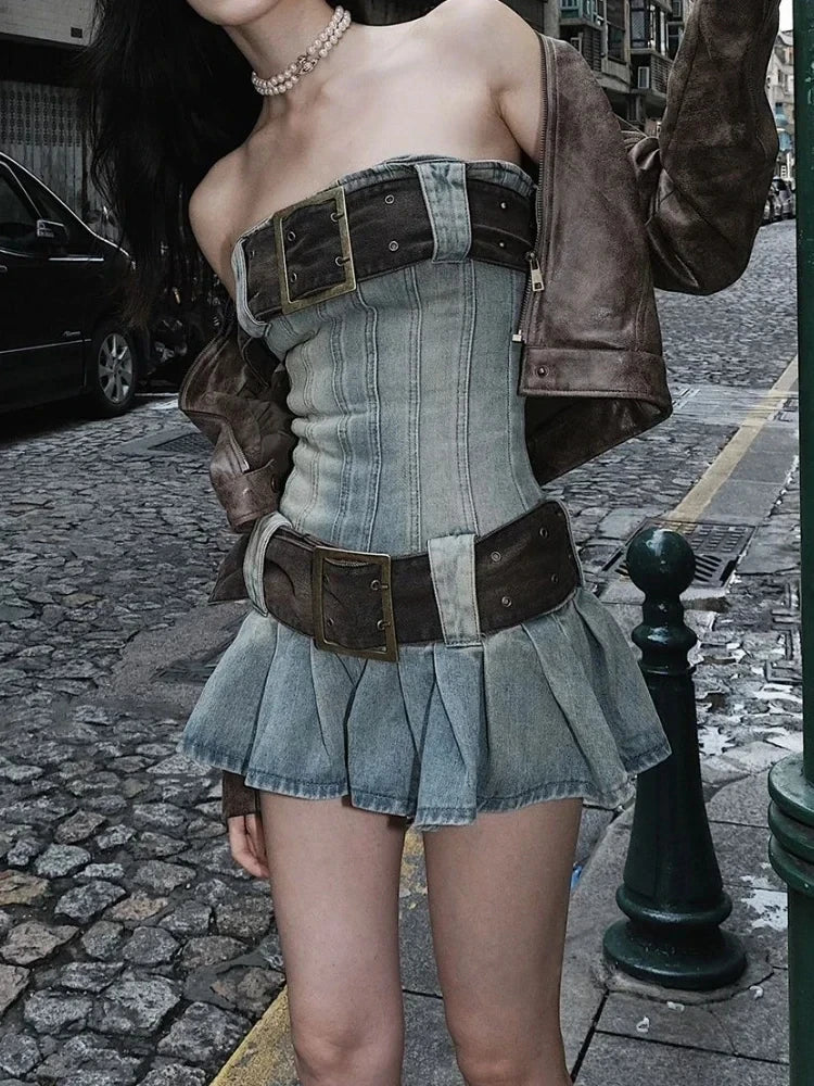 Vintage Y2k Strapless Denim Dress Women Summer Bodycon Sexy Korean Fashion Kpop Belt Pleated Mini Dress 2000s Streetwear Elegant Vintage Mini Dress Vintage Y2k Strapless Denim Dress Women Summer Bodycon Sexy Korean Fashion Kpop Belt Pleated Mini Dress 2000s Streetwear Elegant Vintage Mini Dress
