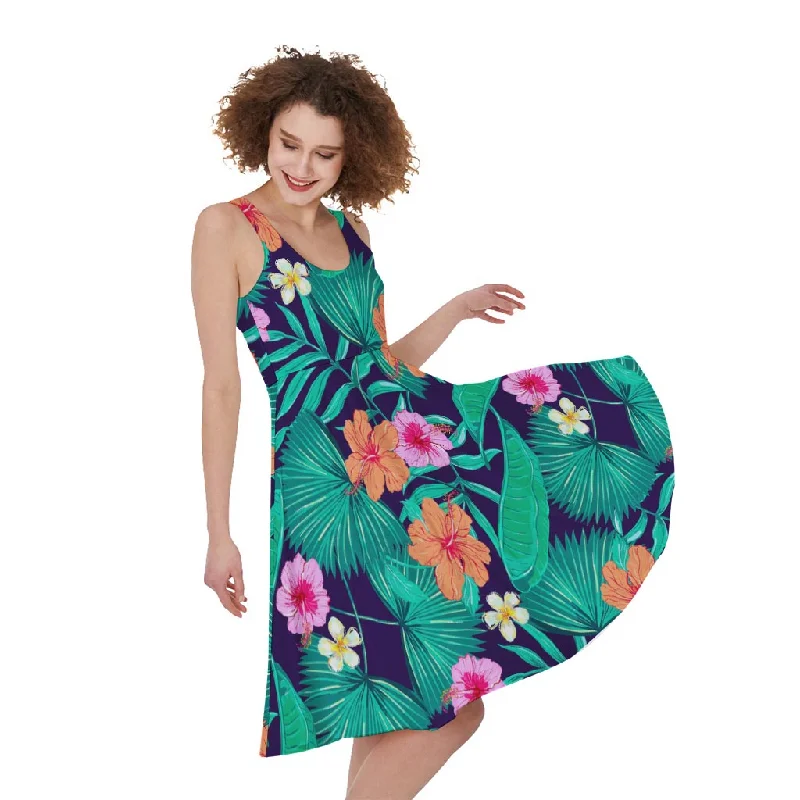 Teal Hawaiian Leaf Flower Pattern Print Sleeveless Knee Length Dress Tunics Handmade artisanal Teal Hawaiian Leaf Flower Pattern Print Sleeveless Knee Length Dress Tunics Handmade artisanal
