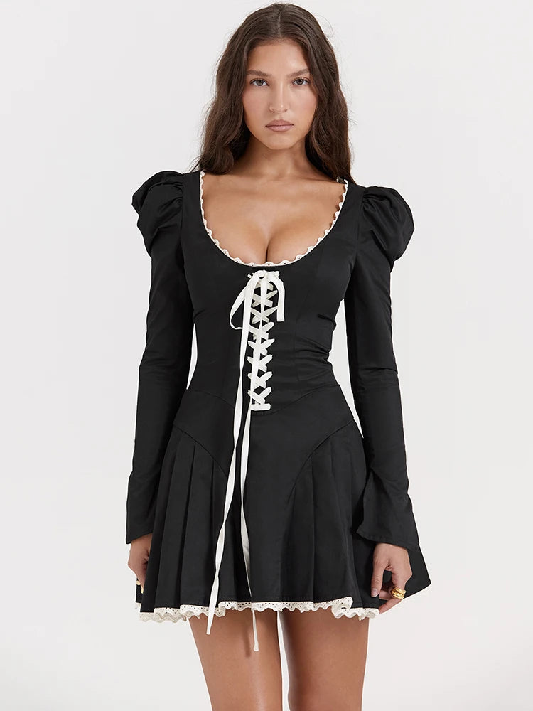 Lace Bandage Puff Sleeve Mini Dress For Women Autumn Winter New Square Collar Ruched Dress Vintage Elegant Comfortable Boho Mini Dress Lace Bandage Puff Sleeve Mini Dress For Women Autumn Winter New Square Collar Ruched Dress Vintage Elegant Comfortable Boho Mini Dress
