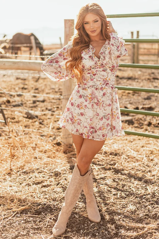 Rich Champagne Floral Long Sleeve Mini Dress Cozy Ribbed Mini Dress